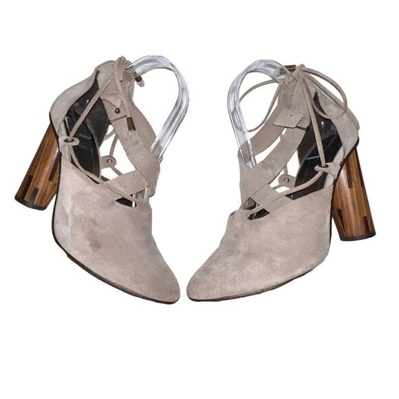 Free People Taupe Nouvella Criss Cross Wrap Chunky Heel Suede Leather Sz 38/6.5 - Picture 6 of 12